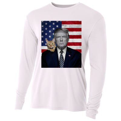 Funny Donald Trump And Cat Political Usa Flag Election 2024 Cooling Performance Long Sleeve Crew