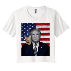 Funny Donald Trump And Cat Political Usa Flag Election 2024 Women's Crop Top Tee