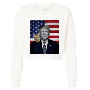 Funny Donald Trump And Cat Political Usa Flag Election 2024 Cropped Pullover Crew