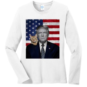 Funny Donald Trump And Cat Political Usa Flag Election 2024 Ladies Long Sleeve Shirt