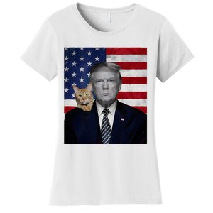 Funny Donald Trump And Cat Political Usa Flag Election 2024 Women's T-Shirt