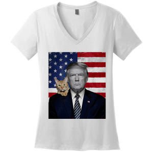 Funny Donald Trump And Cat Political Usa Flag Election 2024 Women's V-Neck T-Shirt