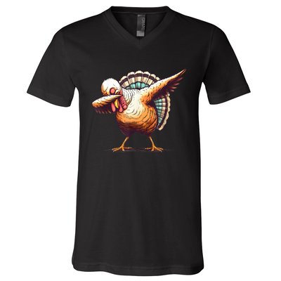 Funny Dabbing Turkey Thanksgiving Day Pilgrim Girls Dab V-Neck T-Shirt