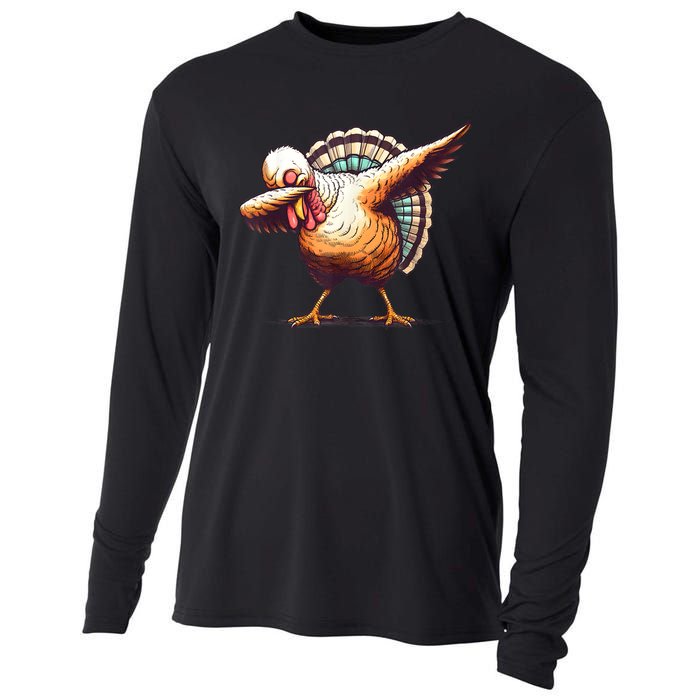 Funny Dabbing Turkey Thanksgiving Day Pilgrim Girls Dab Cooling Performance Long Sleeve Crew