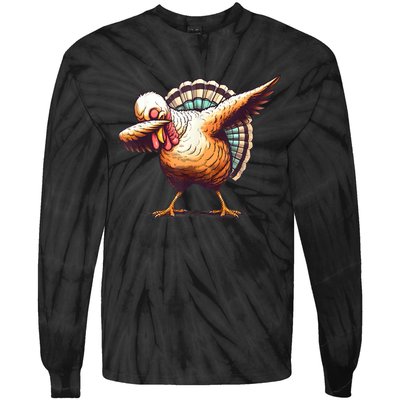 Funny Dabbing Turkey Thanksgiving Day Pilgrim Girls Dab Tie-Dye Long Sleeve Shirt