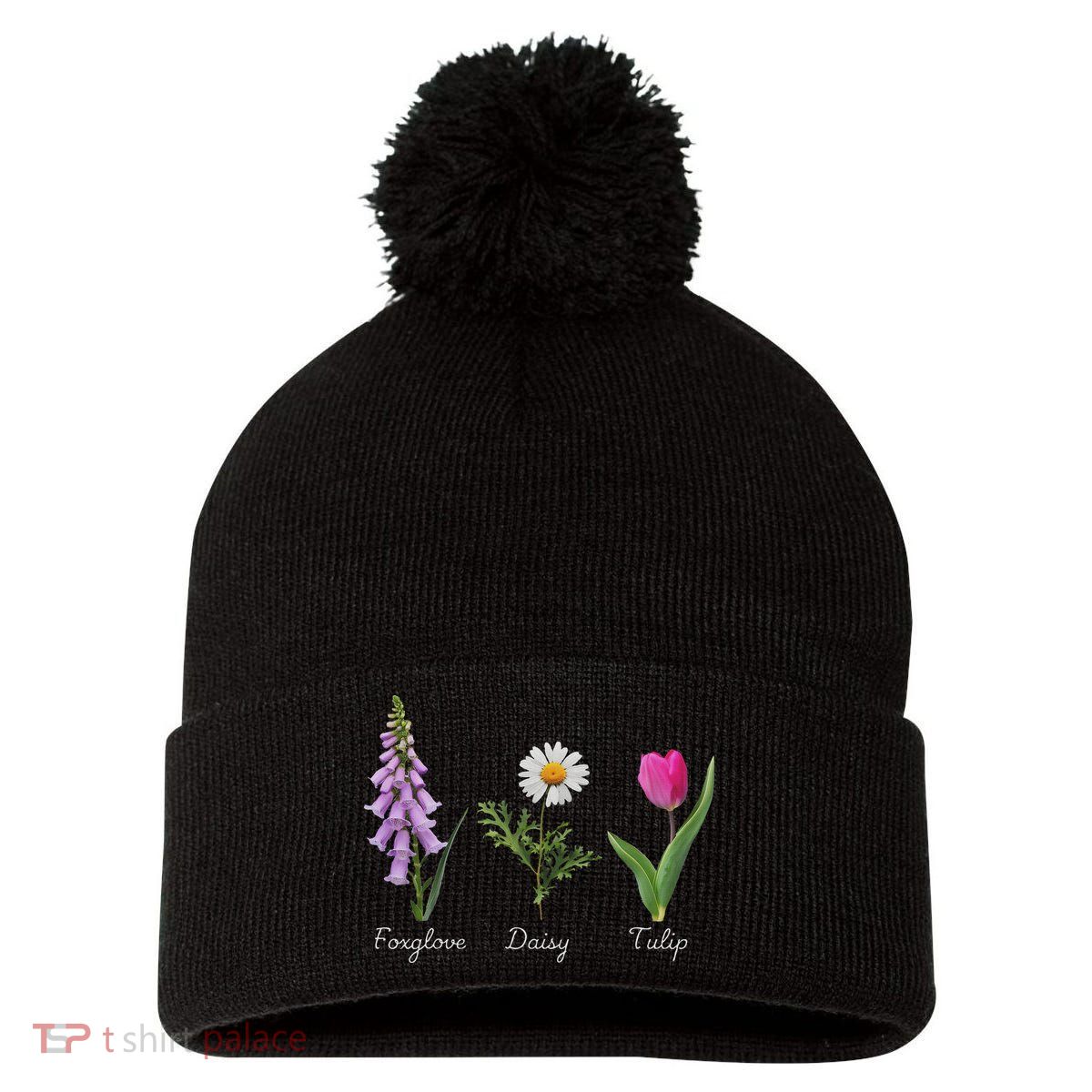 Foxglove Daisy Tulip Floral Pom Pom 12in Knit Beanie