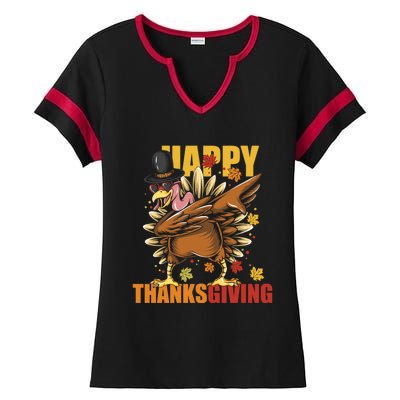 Funny Dabbing Turkey Happy Thanksgiving Day Gift Ladies Halftime Notch Neck Tee