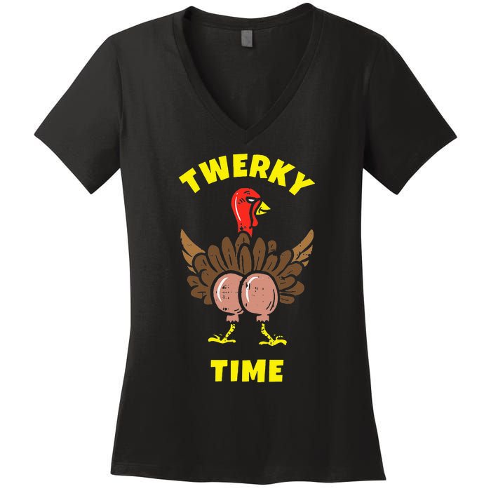 Funny Dancing Turkey Twerky Time Thanksgiving Joke Women's V-Neck T-Shirt