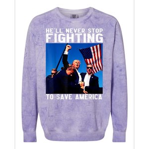 Funny Donald Trump HeLl Never Stop Fighting To Save America Colorblast Crewneck Sweatshirt