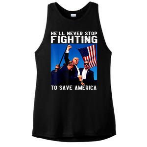 Funny Donald Trump HeLl Never Stop Fighting To Save America Ladies PosiCharge Tri-Blend Wicking Tank