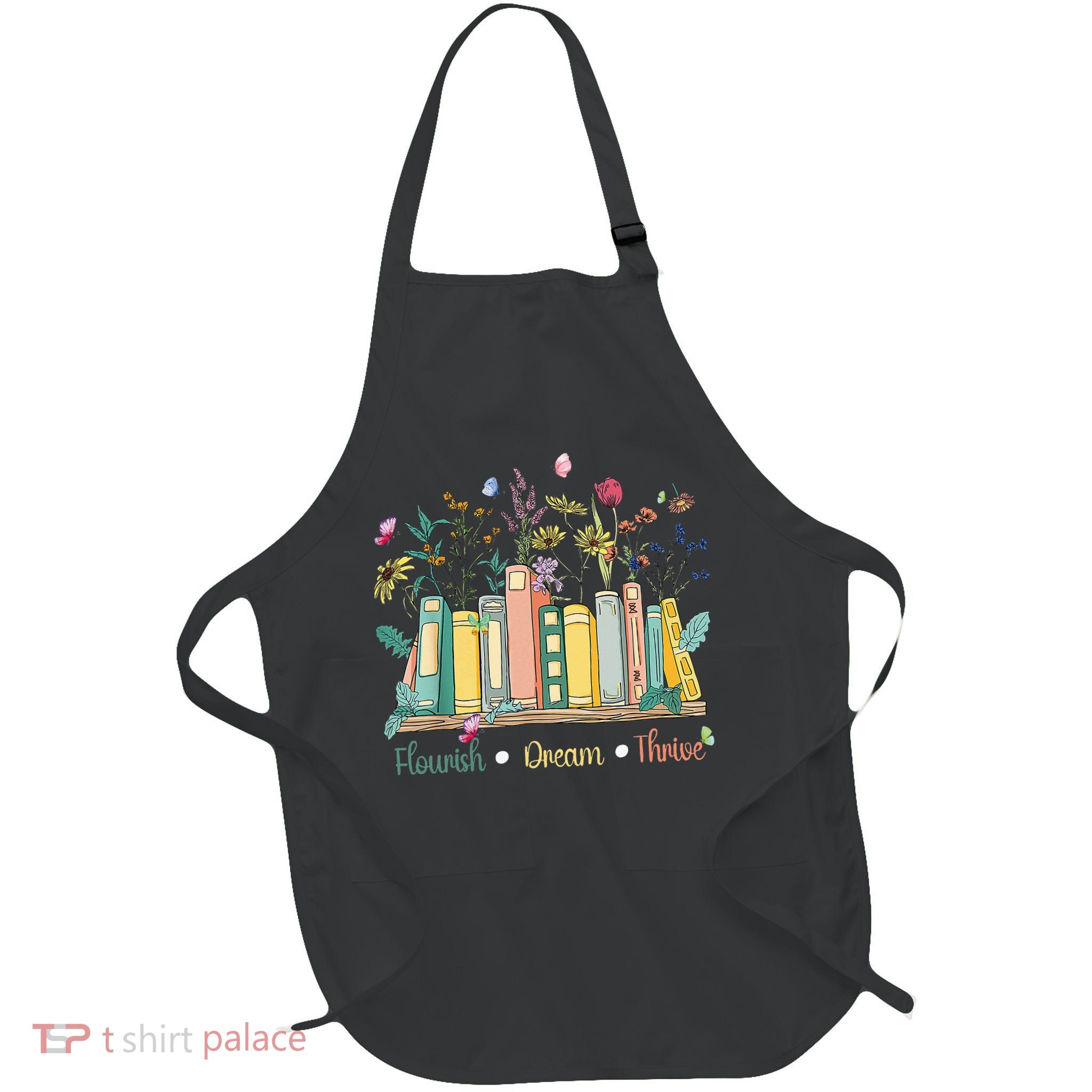 Flourish Dream Thrive Floral Books Women Full-Length Apron With Pockets