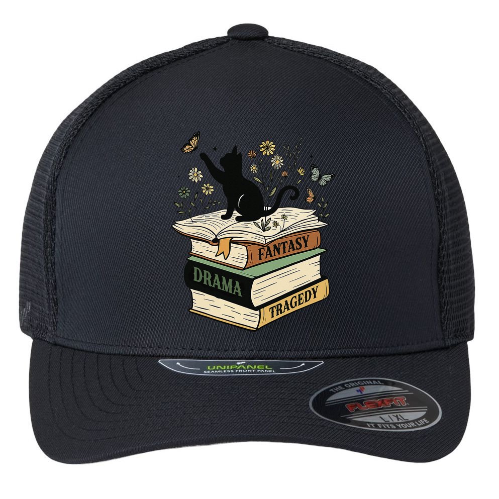 Fantasy Drama Tragedy Cat Book Lover Reading Humor Flexfit Unipanel Trucker Cap