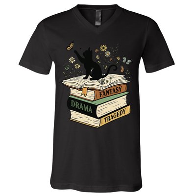 Fantasy Drama Tragedy Cat Book Lover Reading Humor V-Neck T-Shirt
