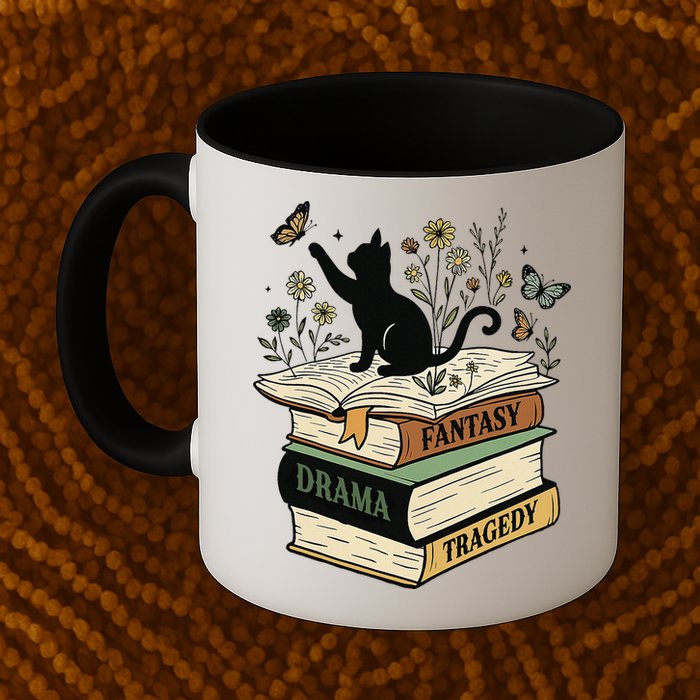 Fantasy Drama Tragedy Cat Book Lover Reading Humor Mug