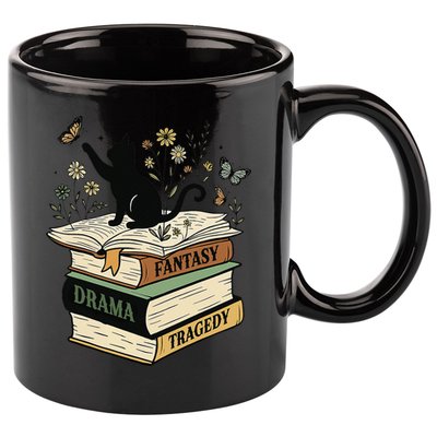 Fantasy Drama Tragedy Cat Book Lover Reading Humor 11oz C Handle Ceramic Mug