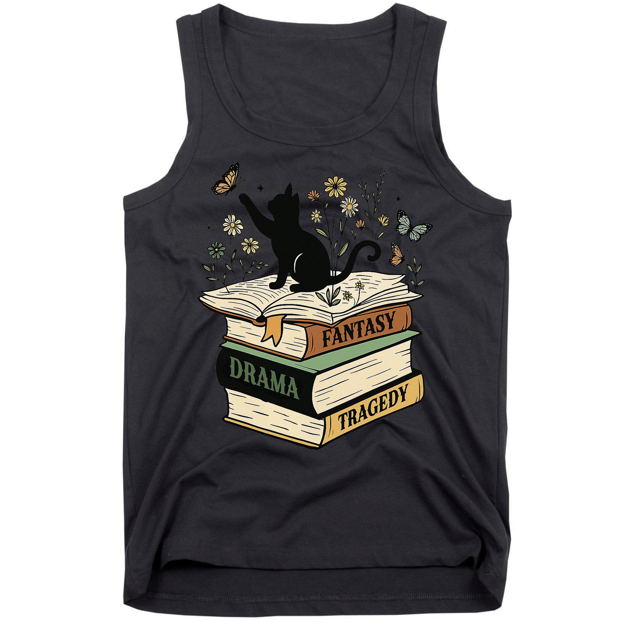 Fantasy Drama Tragedy Cat Book Lover Reading Humor Tank Top