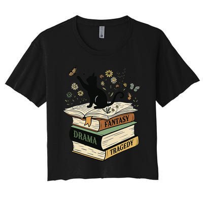 Fantasy Drama Tragedy Cat Book Lover Reading Humor Women's Crop Top Tee