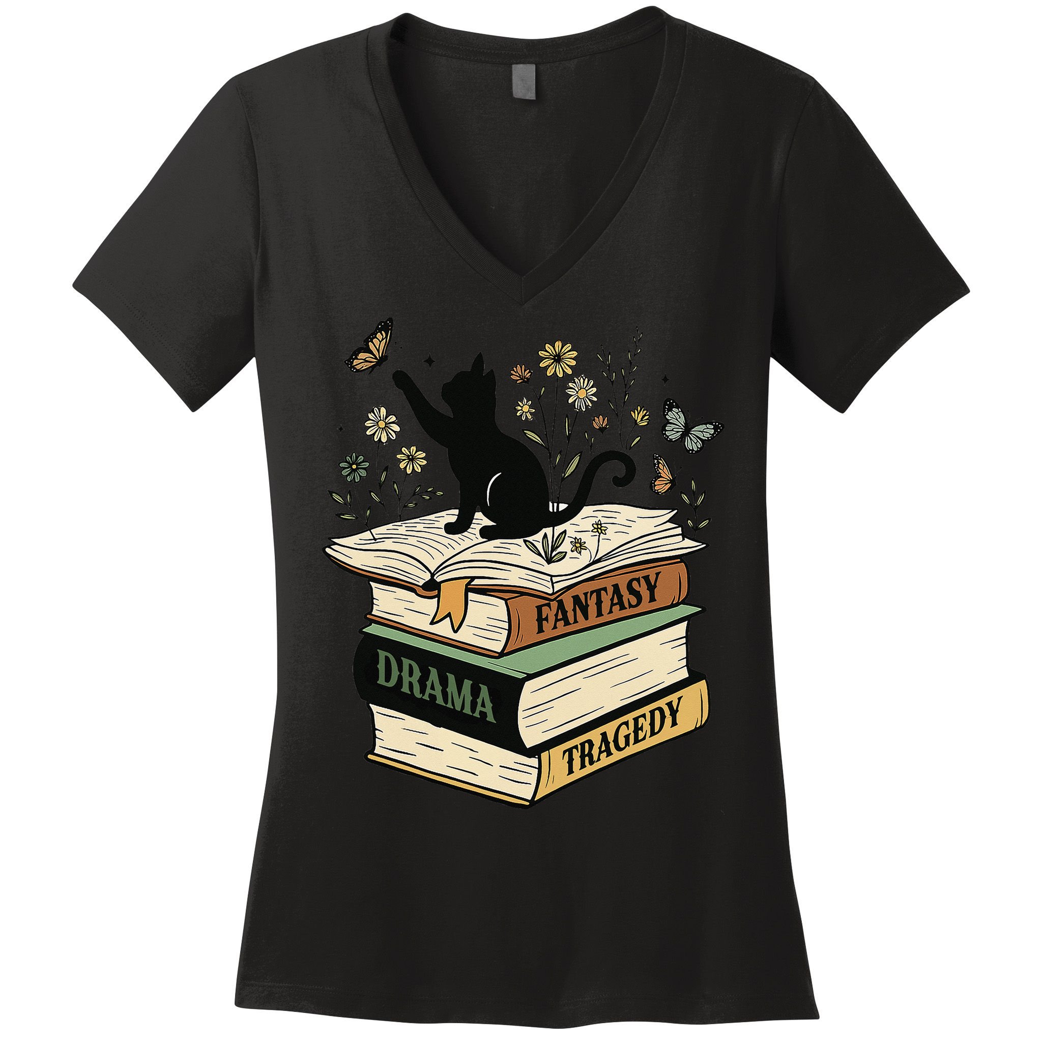 Fantasy Drama Tragedy Cat Book Lover Reading Humor Women's V-Neck T-Shirt