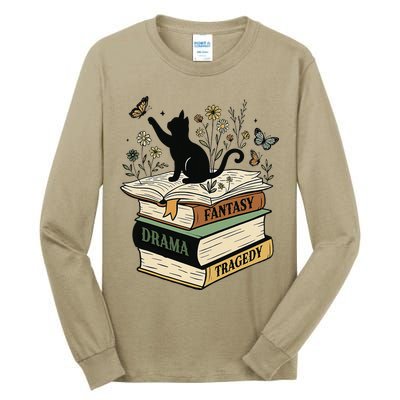 Fantasy Drama Tragedy Cat Book Lover Reading Humor Tall Long Sleeve T-Shirt