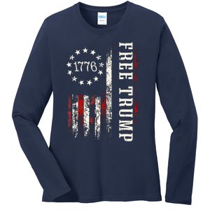 Free Donald Trump Republican Support Pro Trump American Flag Ladies Long Sleeve Shirt