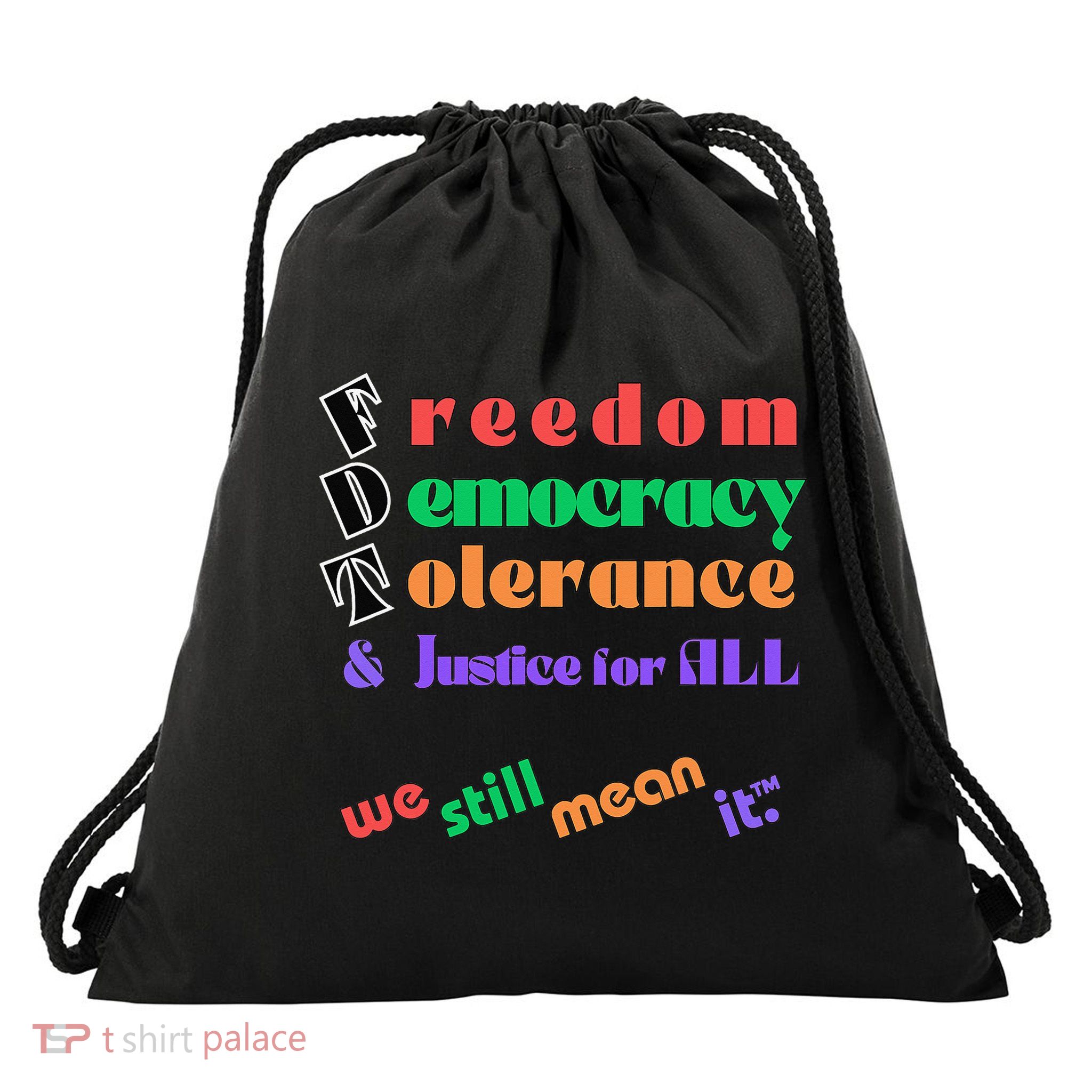 Freedom Democracy Tolerance And Justice Typography Hands Drawstring Bag