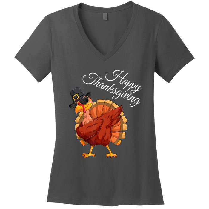 Funny Dabbing Turkey Happy Thanksgiving Gift Women's V-Neck T-Shirt