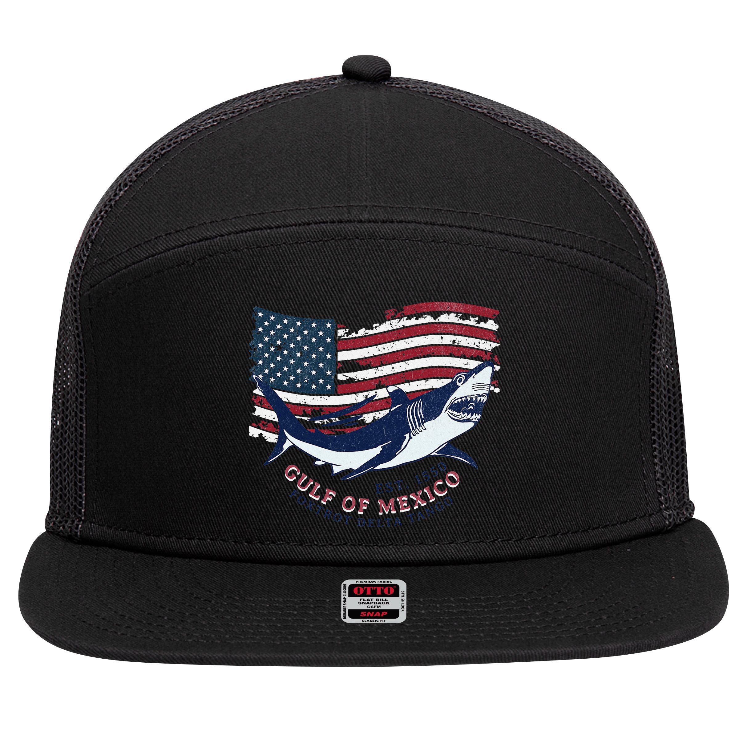 Foxtrot Delta Tango Shark Gulf Of Mexico Protest 7 Panel Mesh Trucker Snapback Hat