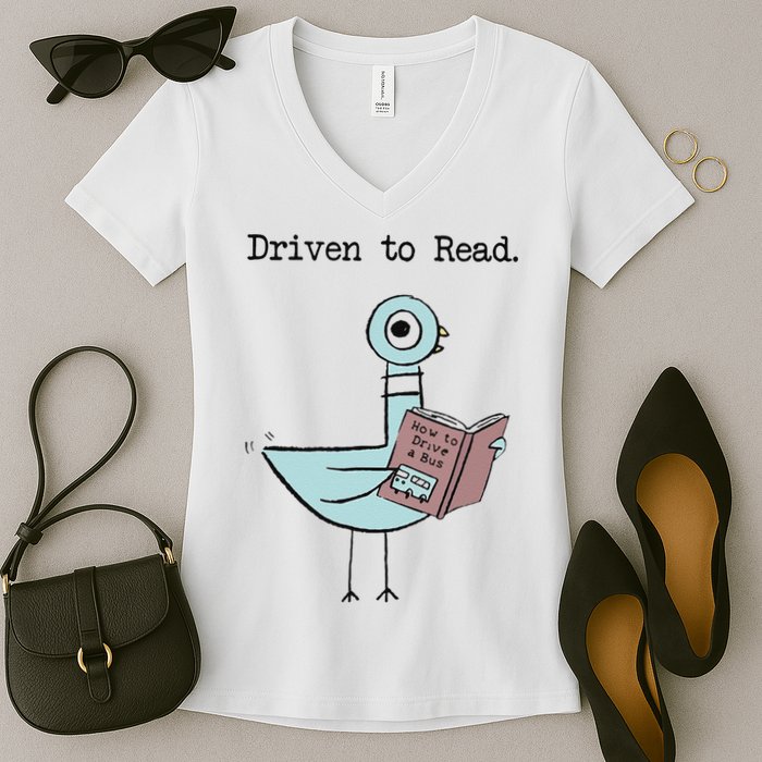 Funny Driven To Read Pigeon Library Reading Books Reader Funny Women's V-Neck T-Shirt