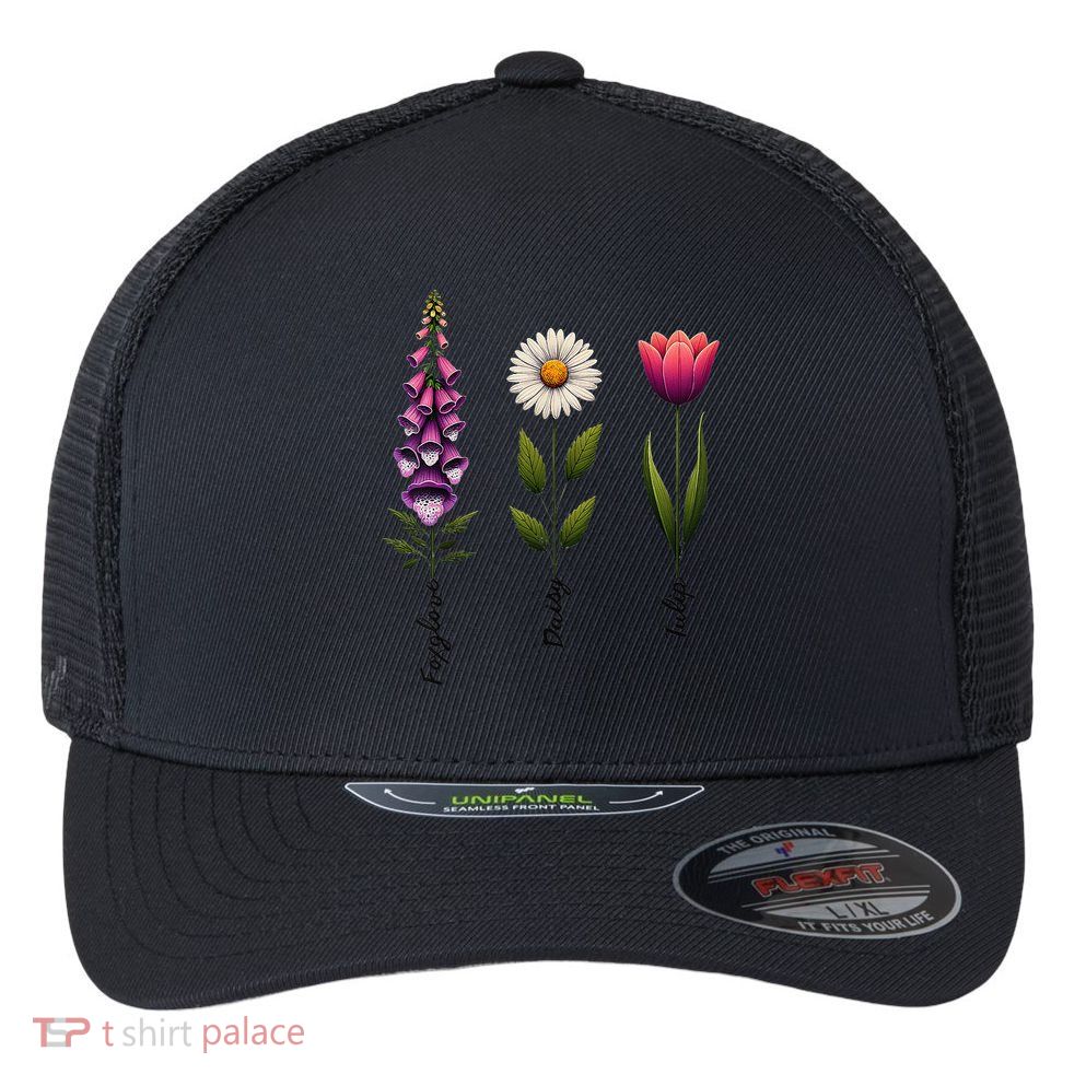 Foxglove Daisy Tulip Floral Flexfit Unipanel Trucker Cap