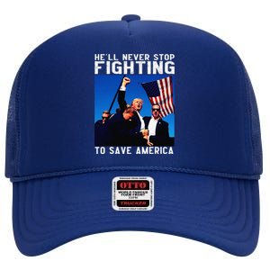 Funny Donald Trump HeLl Never Stop Fighting To Save America High Crown Mesh Back Trucker Hat