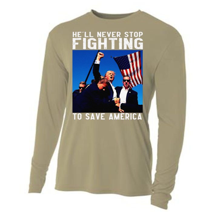 Funny Donald Trump HeLl Never Stop Fighting To Save America Cooling Performance Long Sleeve Crew