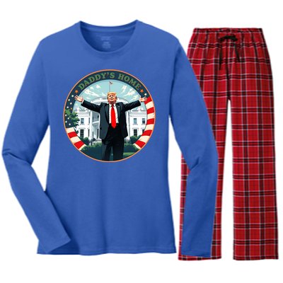 Funny Donald Trump White House 2024 President 47 Daddys Home Women's Long Sleeve Flannel Pajama Set 