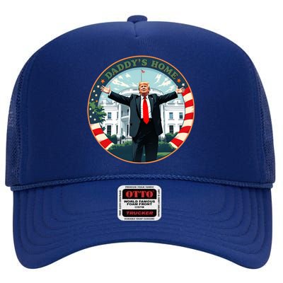 Funny Donald Trump White House 2024 President 47 Daddys Home High Crown Mesh Back Trucker Hat