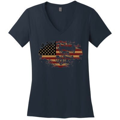 Funny Dirt Track Racing Sprint Car Vintage Usa American Flag Gift Women's V-Neck T-Shirt