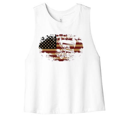 Funny Dirt Track Racing Sprint Car Vintage Usa American Flag Gift Women's Racerback Cropped Tank