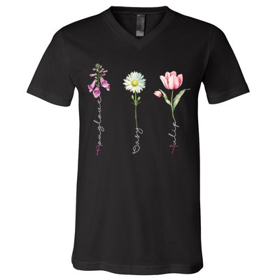 Foxglove Daisy Tulip Floral V-Neck T-Shirt