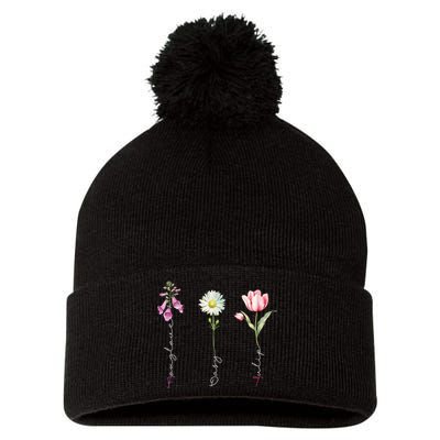 Foxglove Daisy Tulip Floral Pom Pom 12in Knit Beanie