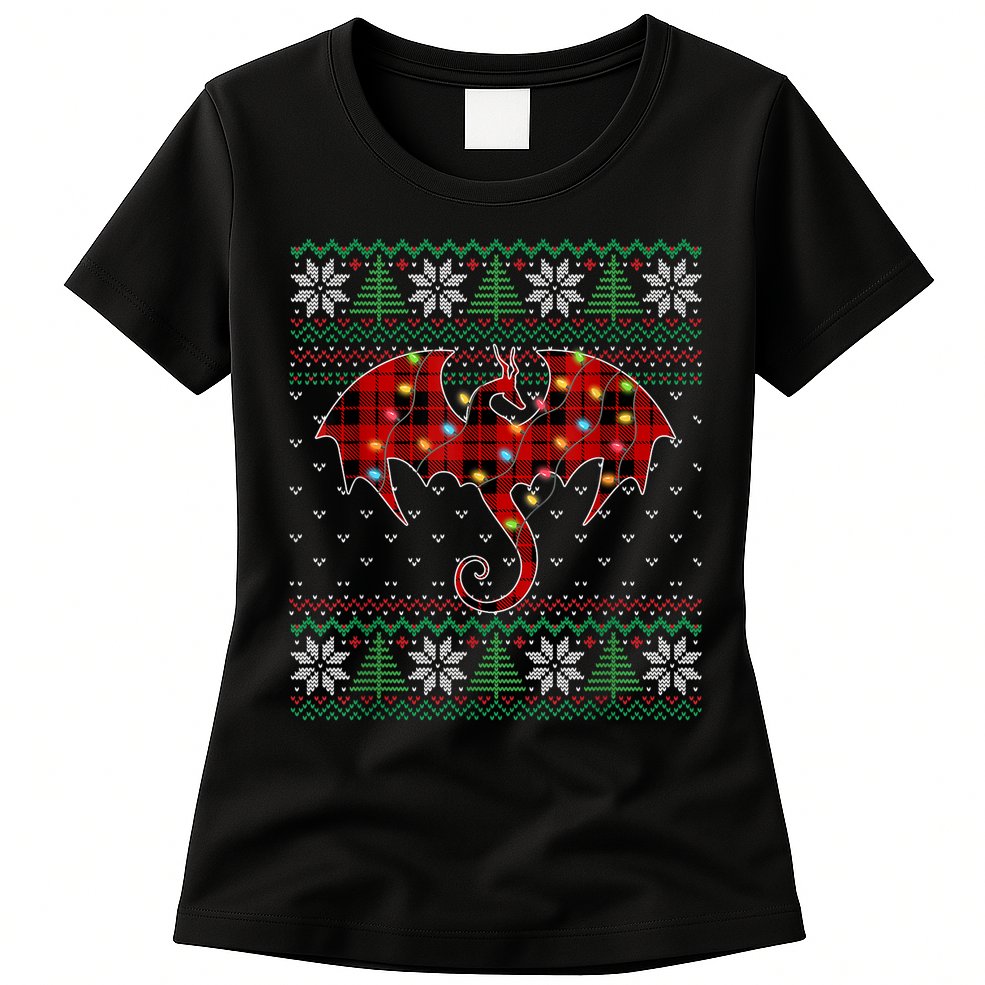 Funny Dragon Ugly Sweater Christmas Lights Dragon Lover TShirt Womens T-Shirt