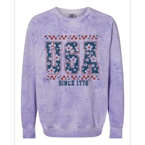 Floral Daisy Usa  Retro America 4th Of July 4th Of July Sublimation Colorblast Crewneck Sweatshirt