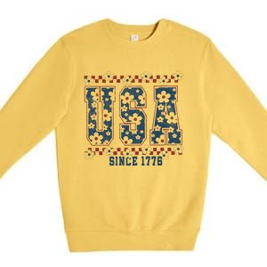 Floral Daisy Usa  Retro America 4th Of July 4th Of July Sublimation Premium Crewneck Sweatshirt