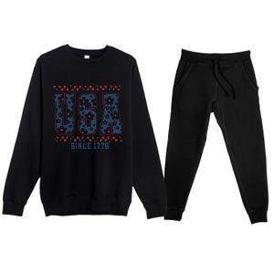 Floral Daisy Usa  Retro America 4th Of July 4th Of July Sublimation Premium Crewneck Sweatsuit Set