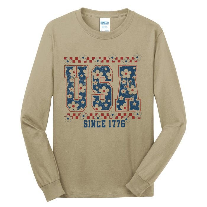 Floral Daisy Usa  Retro America 4th Of July 4th Of July Sublimation Tall Long Sleeve T-Shirt