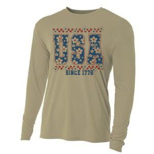 Floral Daisy Usa  Retro America 4th Of July 4th Of July Sublimation Cooling Performance Long Sleeve Crew