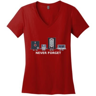 Floppy Disk Vhs Cassette Never Forget Geek History Women's V-Neck T-Shirt