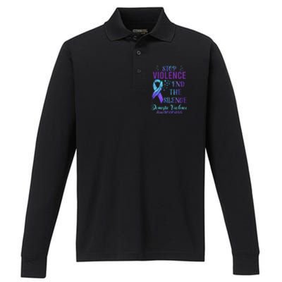 Family Domestic Violence Awareness Purple Ribbon Performance Long Sleeve Polo