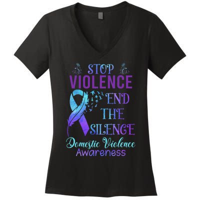 Family Domestic Violence Awareness Purple Ribbon Women's V-Neck T-Shirt