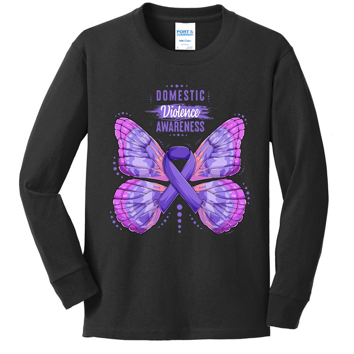 Family Domestic Violence Awareness Purple Ribbon butterfly Kids Long Sleeve Shirt