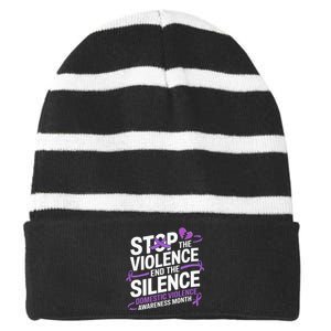 Family Domestic Violence Awareness Month Purple Ribbon Striped Beanie with Solid Band