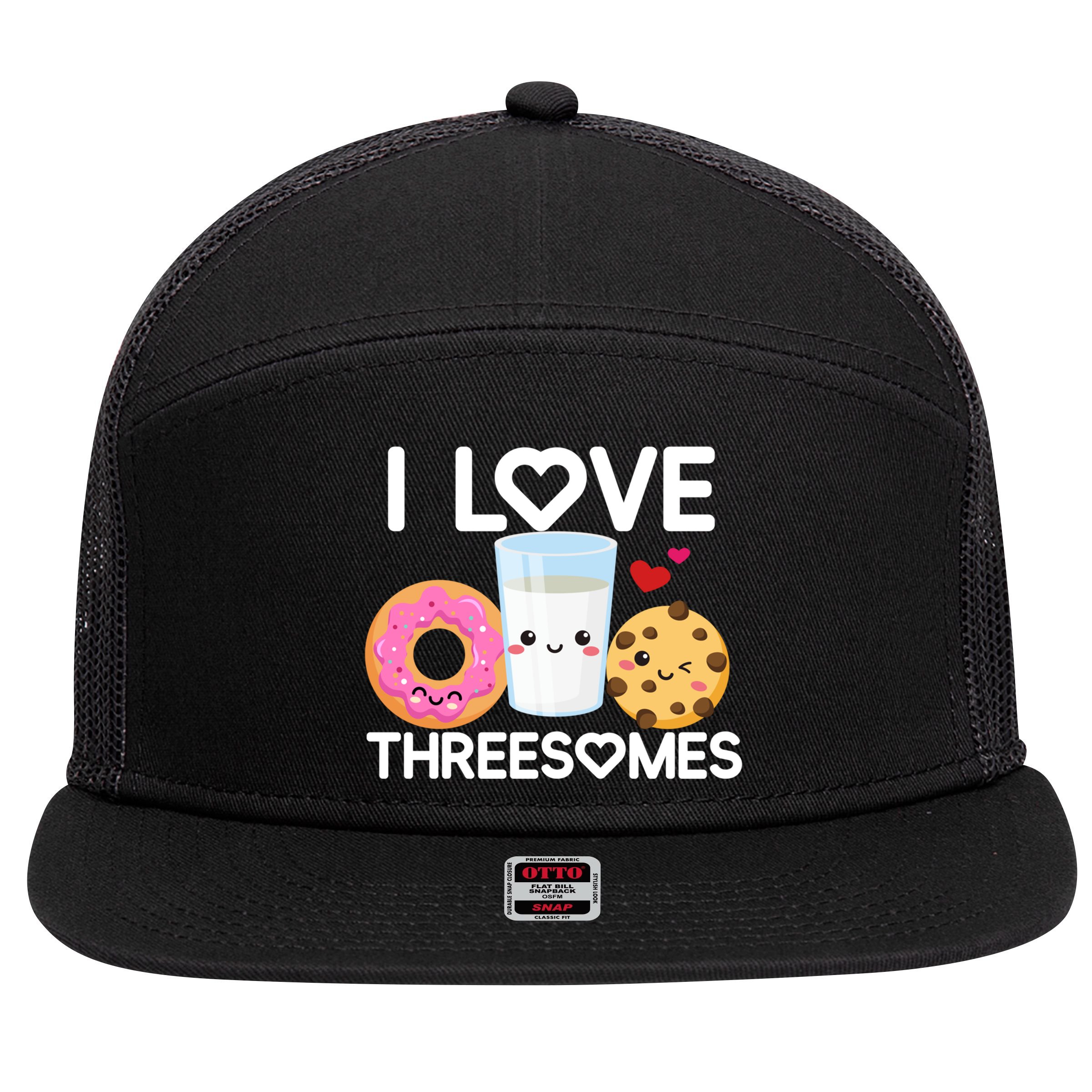 Funny Donut Valentine's Day I Love Threesomes Adult Humor Gift 7 Panel Mesh Trucker Snapback Hat