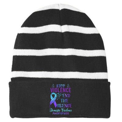 Family Domestic Violence Awareness Purple Ribbon Striped Beanie with Solid Band